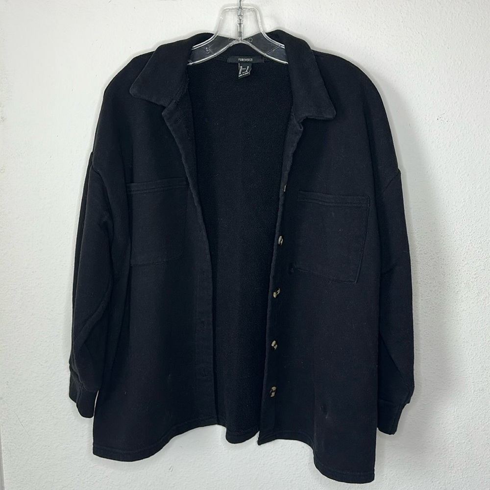 Forever 21, US size medium, black, button down, long sleeve over shirt.